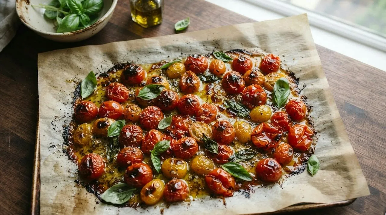 Whole cherry tomatoes roasted until wrinkled and just starting to burst with juices