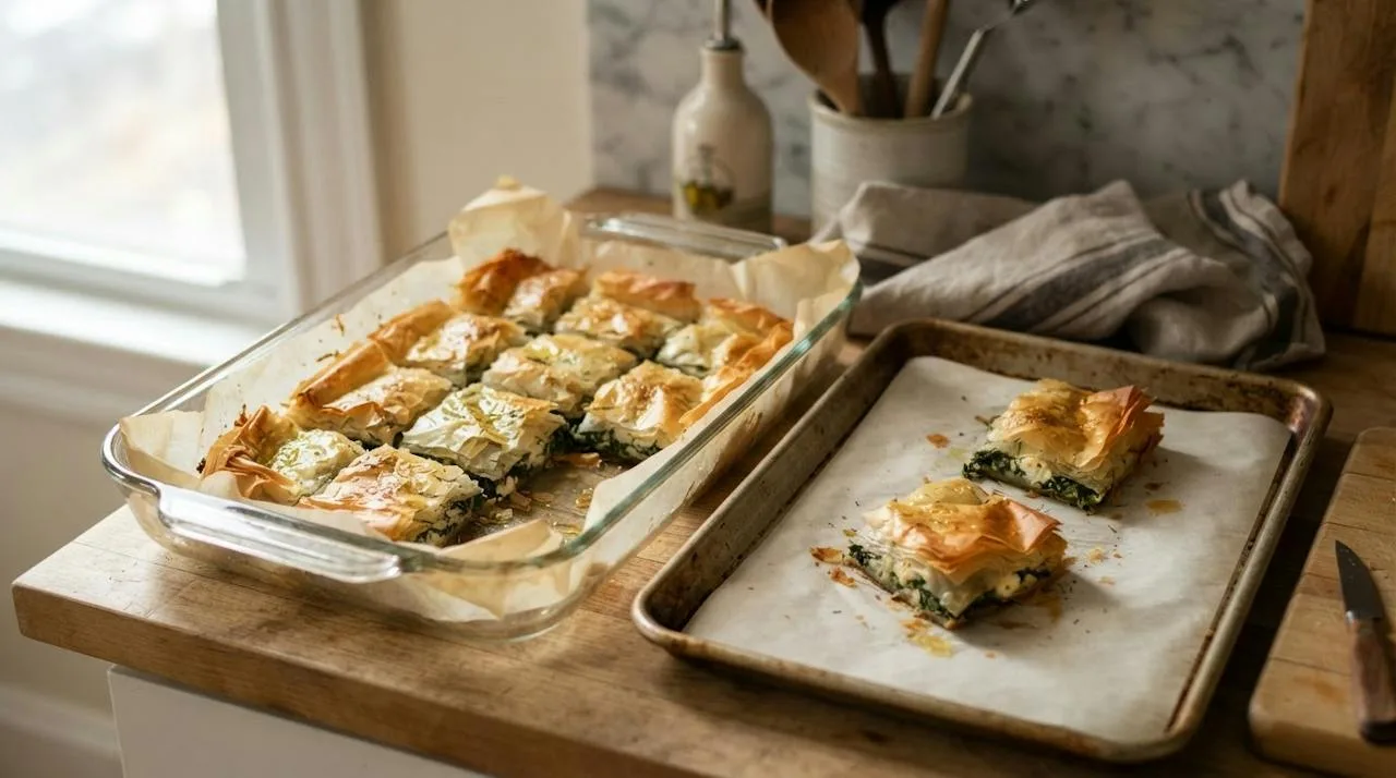 Leftover spanakopita in a parchment-lined glass container next to two pieces on a metal tray for reheating