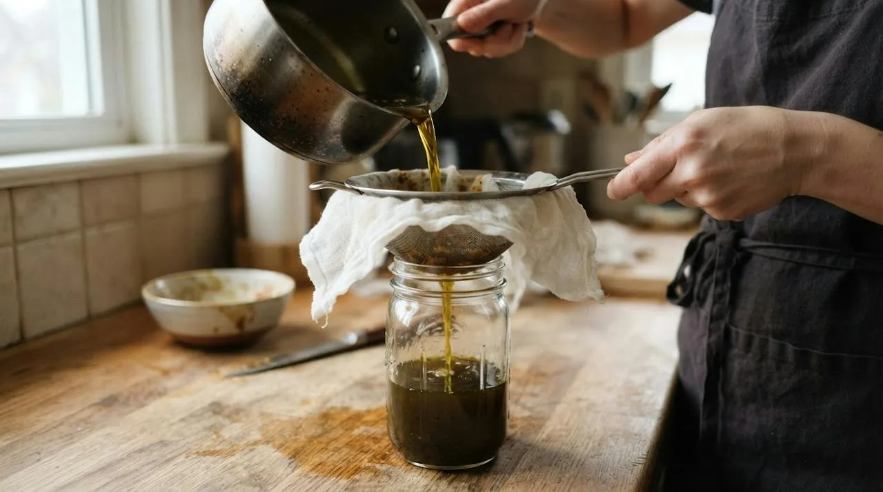 Used frying oil being strained through a cheesecloth-lined sieve into a glass jar