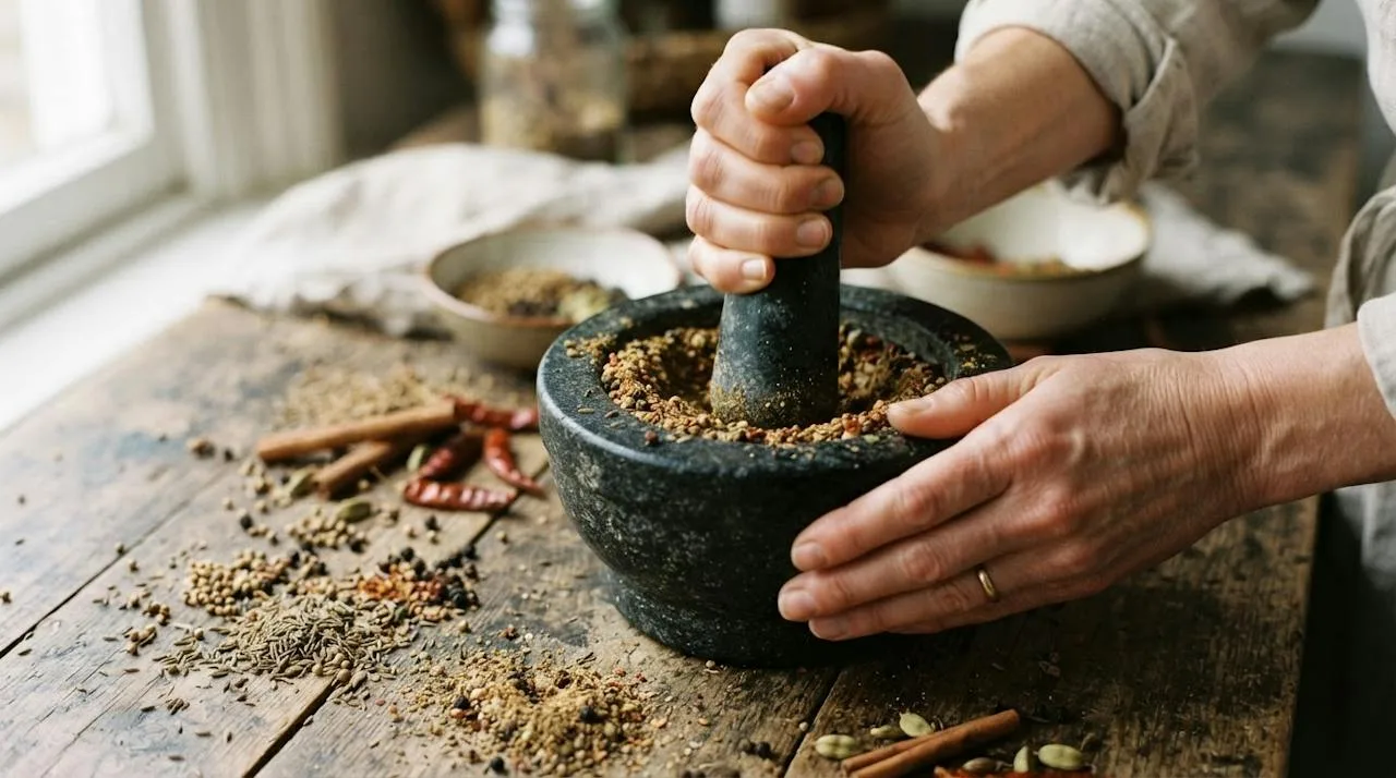 Hands grinding toasted spices in a heavy stone mortar and pestle