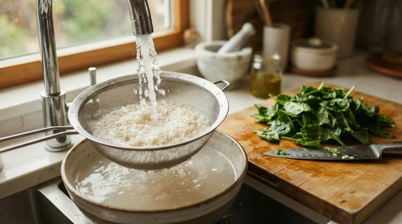 Rice being rinsed in a sieve under cold water next to roughly chopped fresh spinach on a cutting board