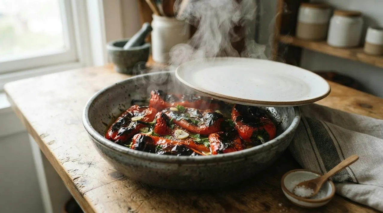 Hot roasted peppers in a large bowl covered with a plate, steam escaping at the edge