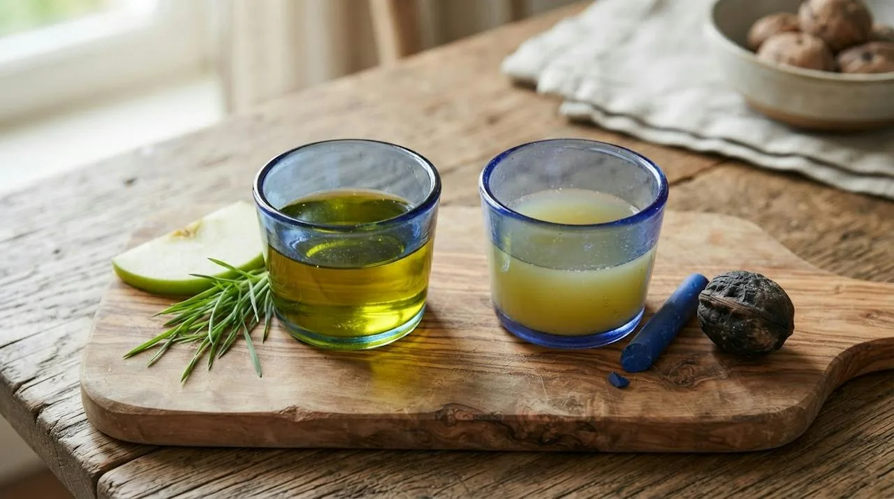 Two small tasting cups of olive oil, one bright green-gold and fresh, the other dull and pale, with a crayon beside it