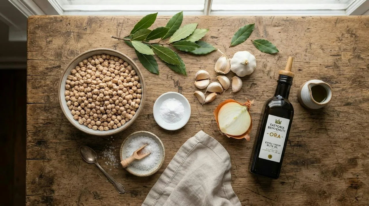 Flat-lay of dried chickpeas, coarse salt, baking soda, bay leaves, garlic, half an onion and olive oil on a wooden board