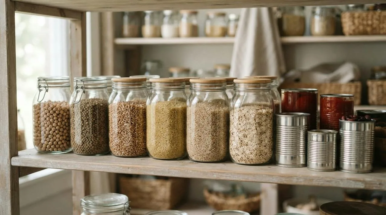 An organized pantry shelf with glass jars of chickpeas, lentils, farro, bulgur, brown rice and oats, and unlabeled cans