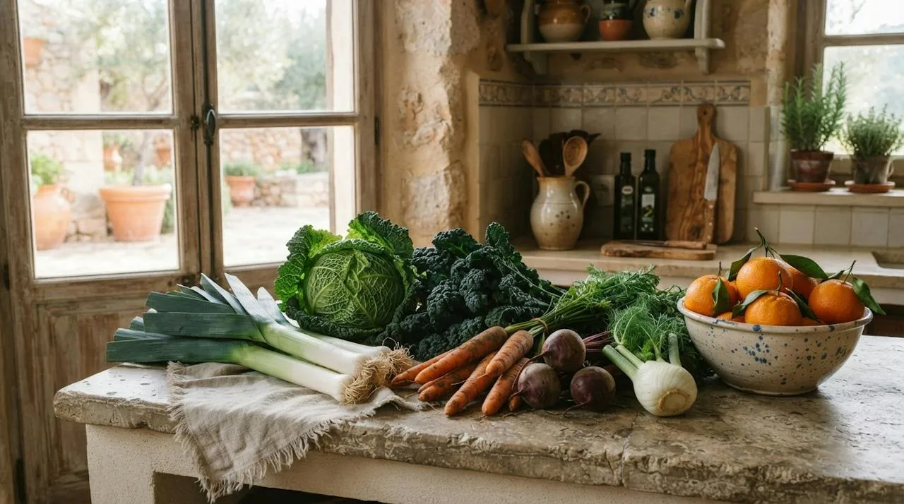 Leeks, cabbage, kale, carrots and beets with a bowl of oranges and a fennel bulb on a kitchen counter