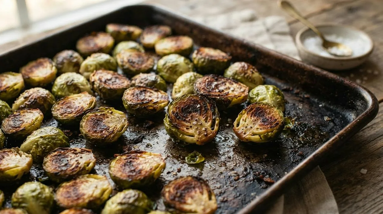 Halved Brussels sprouts roasted cut-side down with deep dark-brown caramelized faces