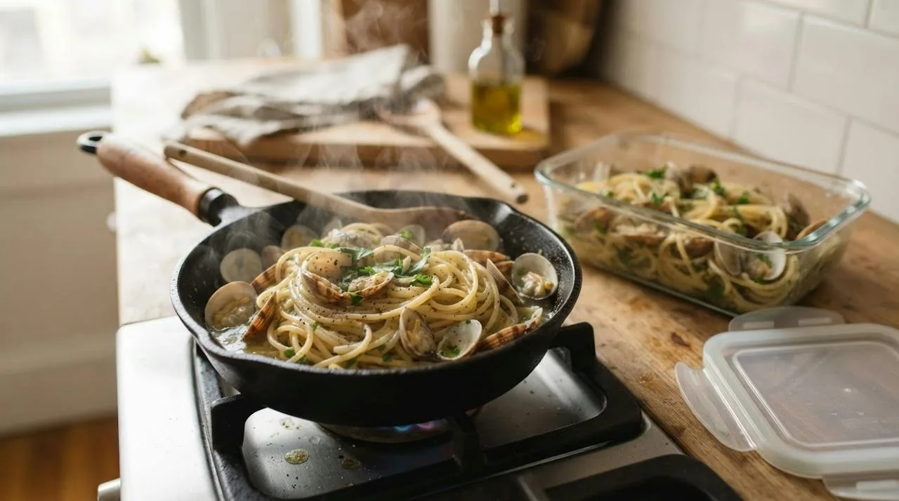 A portion of leftover spaghetti with clams reheating in a small skillet beside a glass storage container