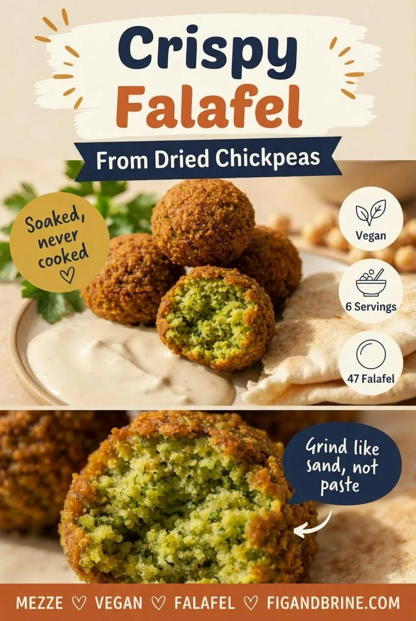 Pinterest pin for crispy falafel from dried chickpeas with a green herby interior