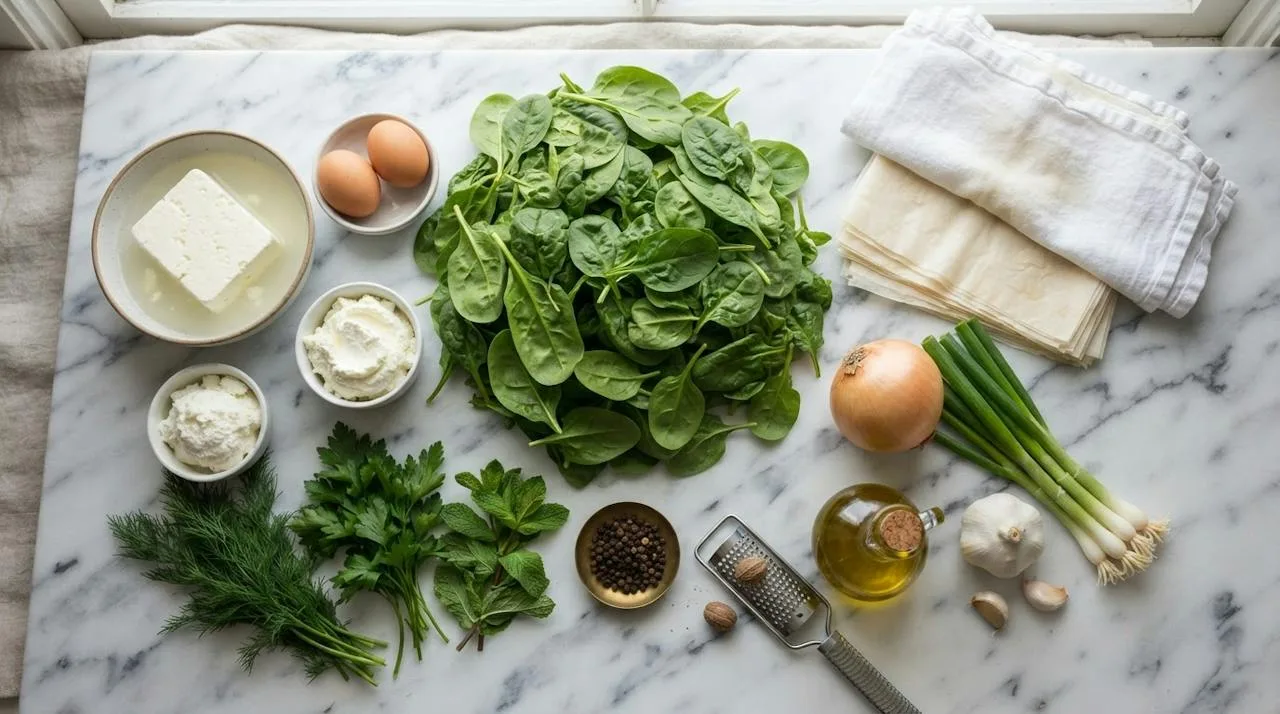 Fresh spinach, feta in brine, ricotta, eggs, onion, scallions, dill, parsley, mint, garlic, nutmeg, phyllo sheets and olive oil on marble
