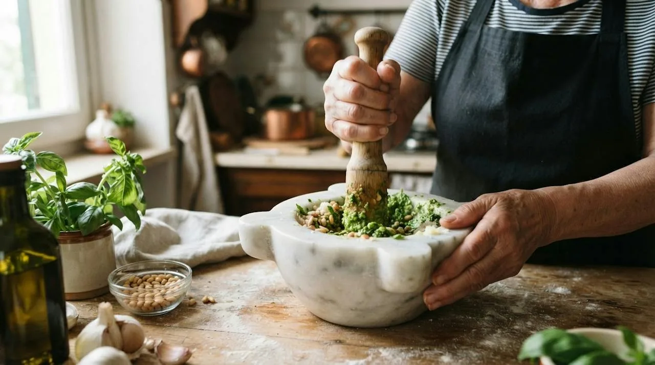 Basil and pine nuts being pounded with a wooden pestle in a marble mortar