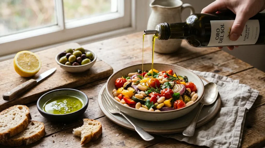 Golden-green extra virgin olive oil drizzled from a dark glass bottle over roasted vegetables and white beans, with bread, olives and a lemon on a rustic table