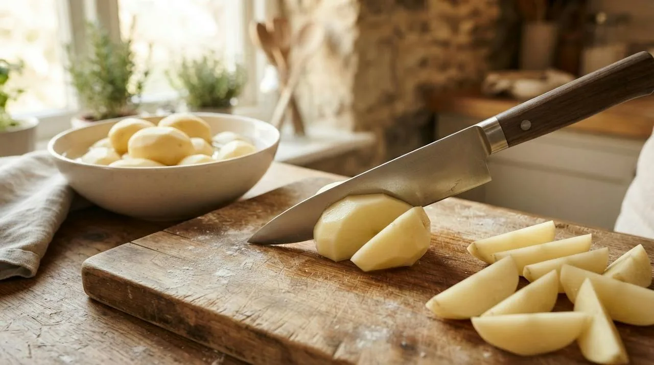 Hands cutting peeled potatoes into wedges on a wooden board