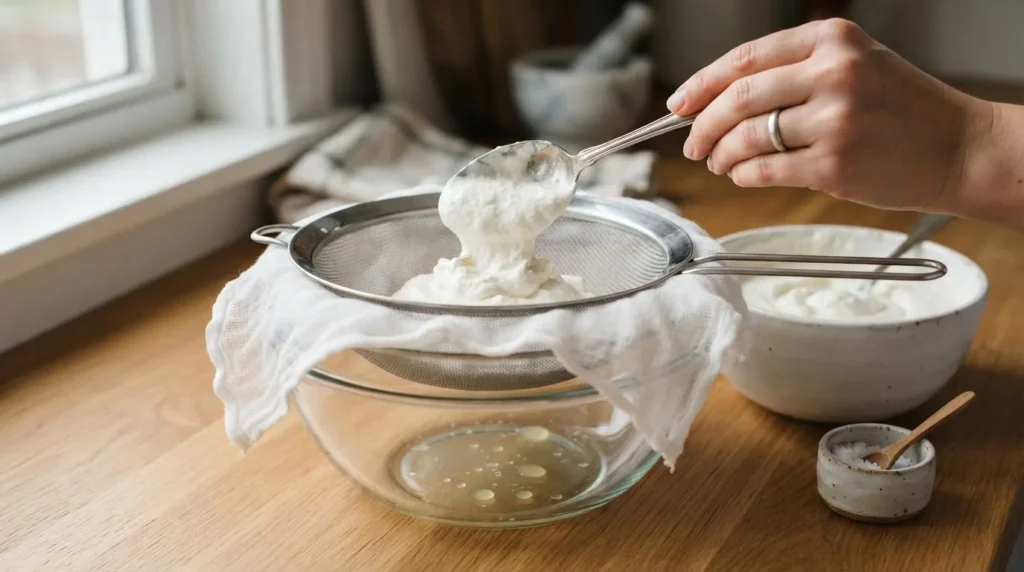 Spooning salted yogurt into a sieve and cheesecloth set over a glass bowl
