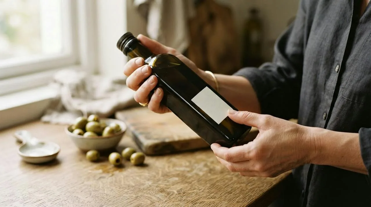A hand holding an olive oil bottle showing a harvest date label, with a calendar in the background