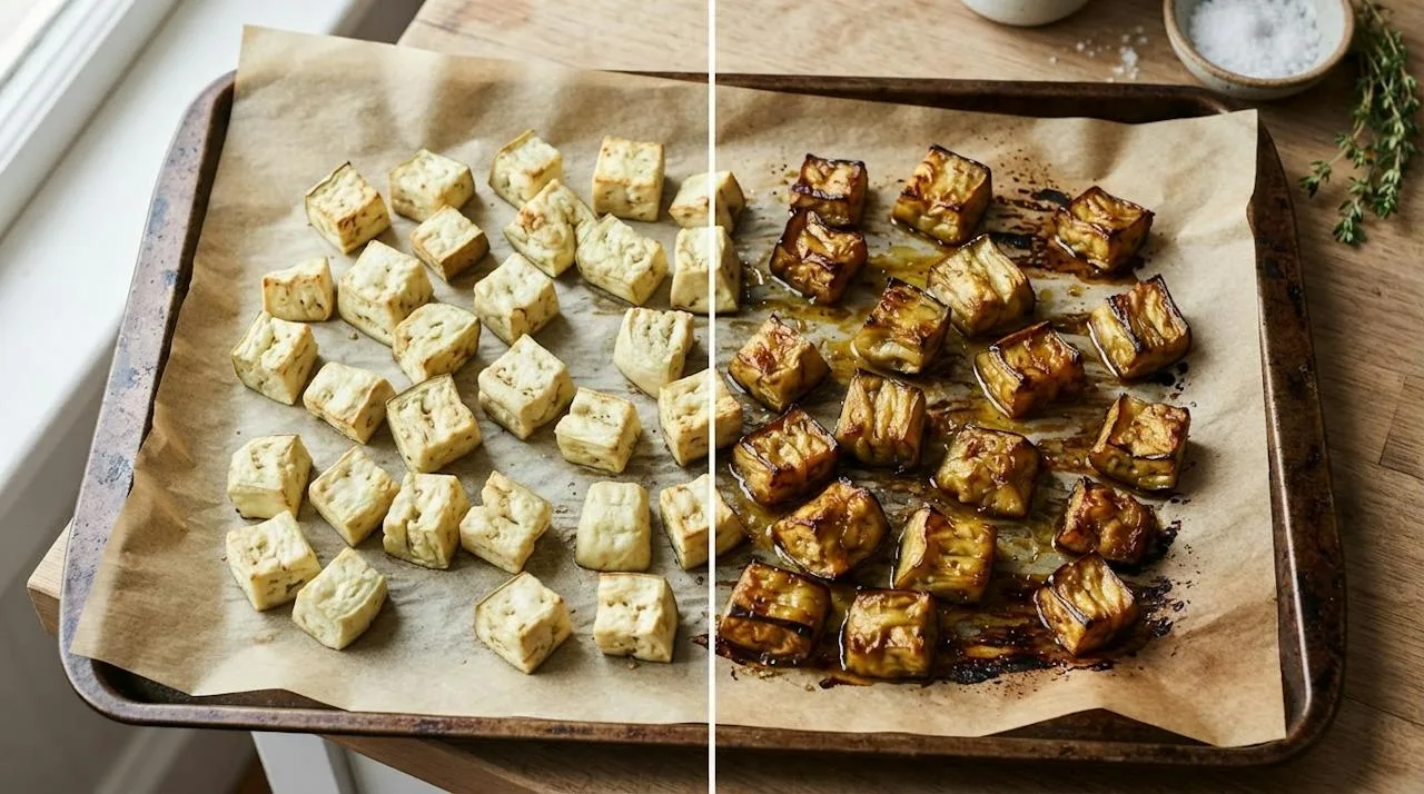 Comparison of pale spongy eggplant cubes and soft creamy eggplant cubes with deeply browned edges