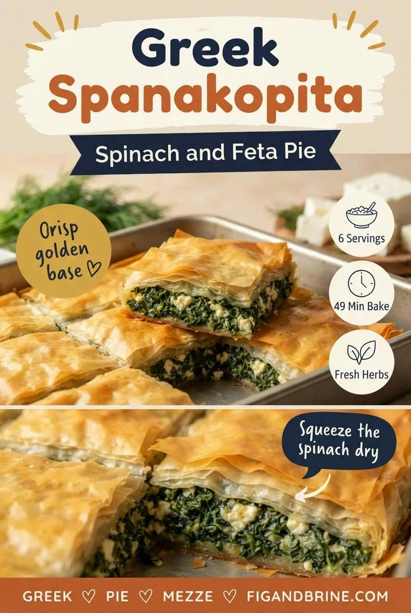 Pinterest pin for Greek spanakopita with golden phyllo squares and a spinach and feta filling