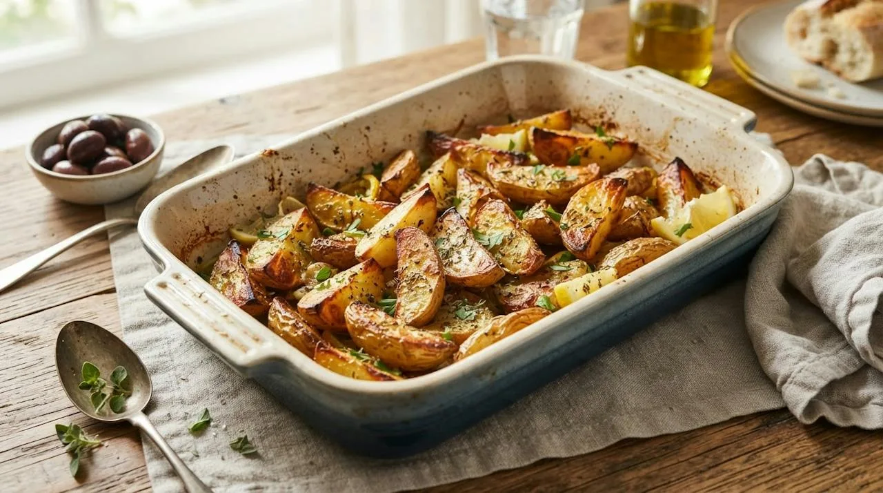 Greek lemon roasted potatoes in a baking dish with golden wedges glistening with olive oil, lemon and oregano