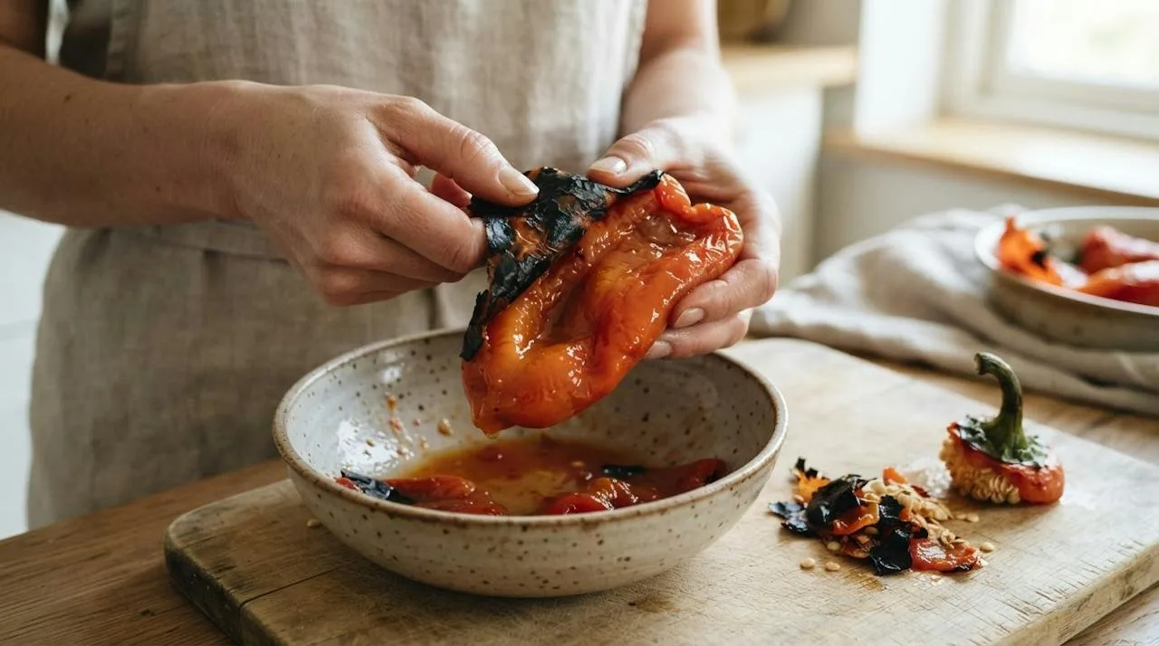 Hands peeling charred skin from a soft roasted pepper over a bowl that catches the juices