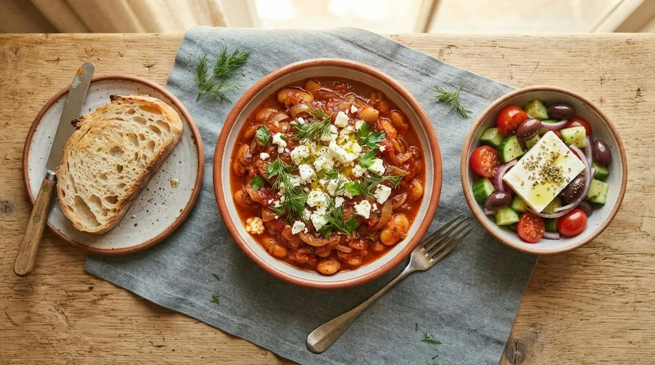 A plate of Greek baked giant beans in tomato sauce with crumbled feta, dill, bread and a small Greek salad