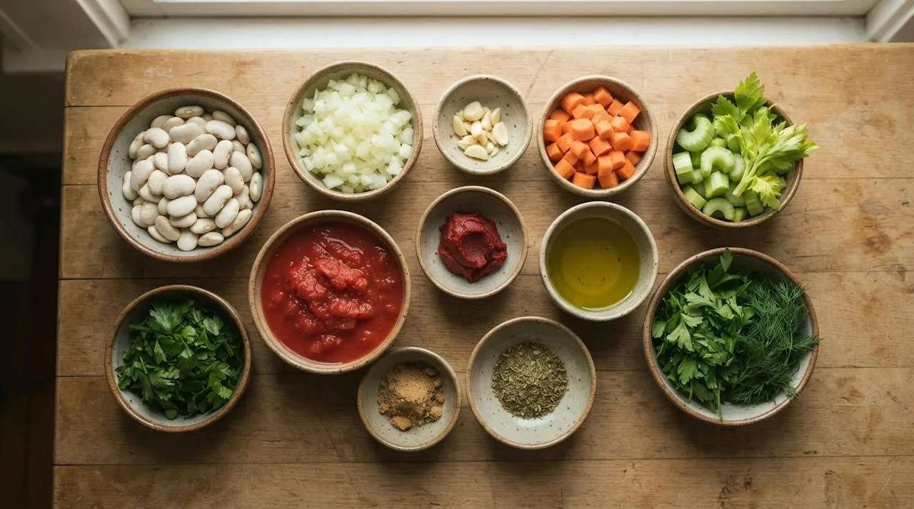 Gigantes plaki ingredients in small bowls: dried butter beans, onion, garlic, carrot, celery, crushed tomatoes, tomato paste, olive oil, oregano, parsley, dill and brown sugar