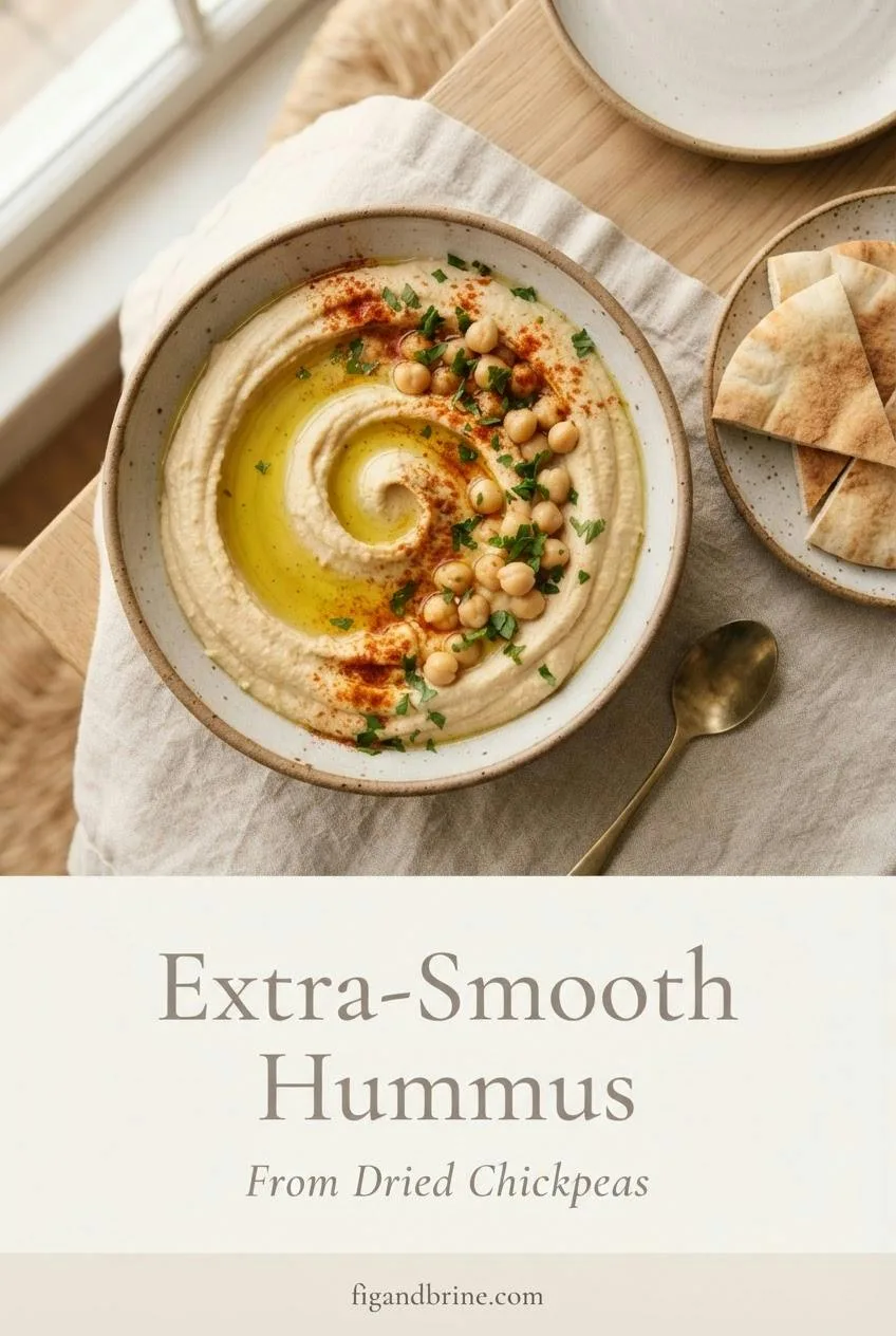 Vertical Pinterest pin showing a bowl of swirled hummus with olive oil, paprika and parsley, titled Extra-Smooth Hummus