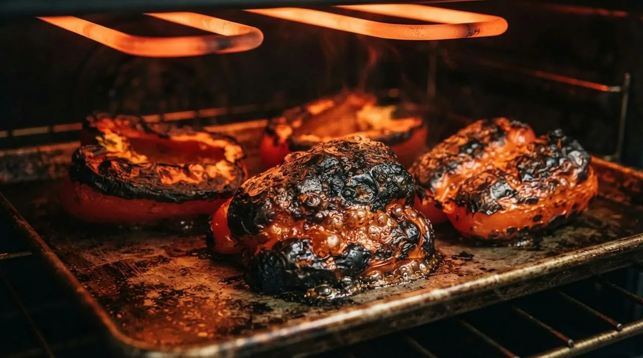 Red pepper halves skin-side up under a glowing broiler, skins deeply blackened
