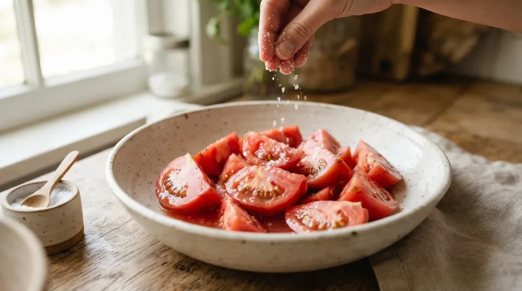 Fine salt being sprinkled over tomato wedges in a wide bowl, with juice pooling underneath