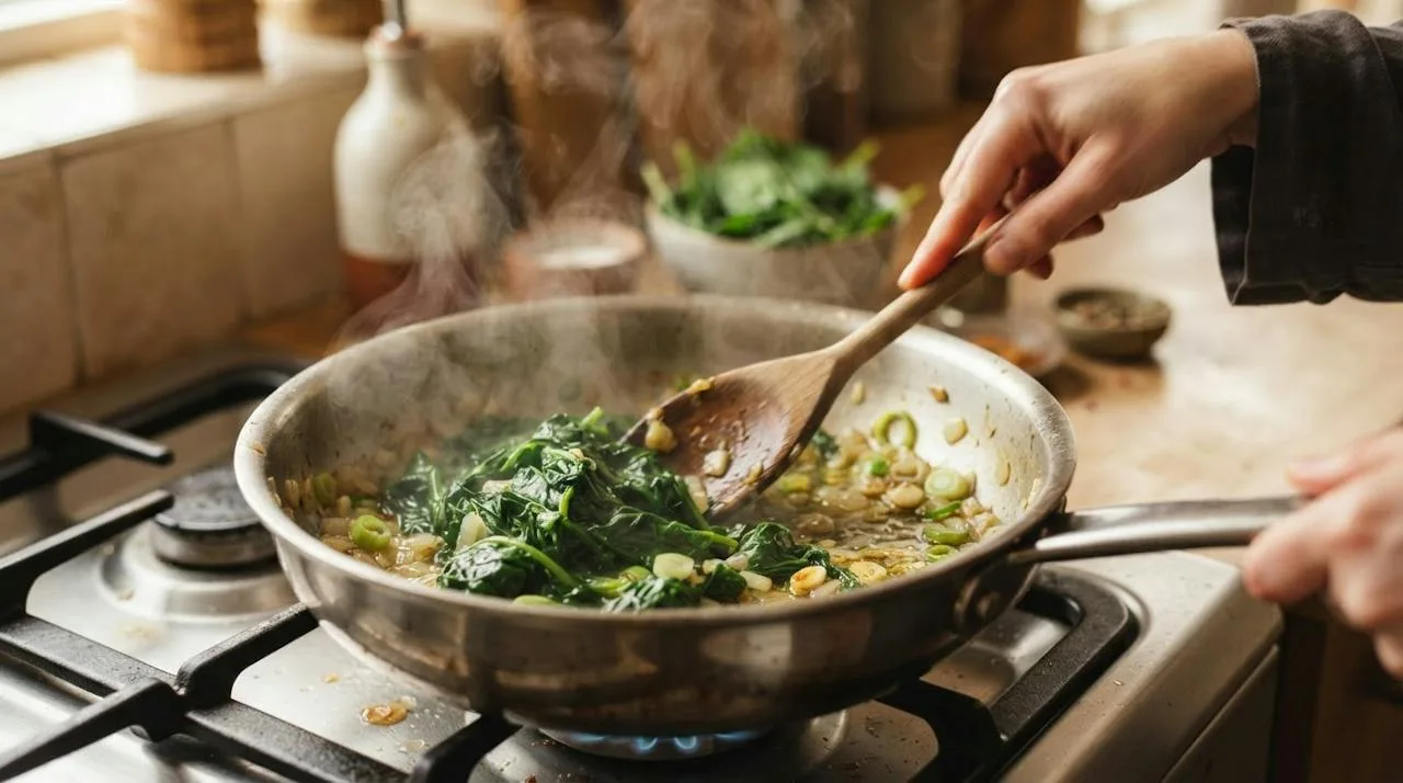 Fresh spinach wilting into softened onions and garlic in olive oil in a saucepan