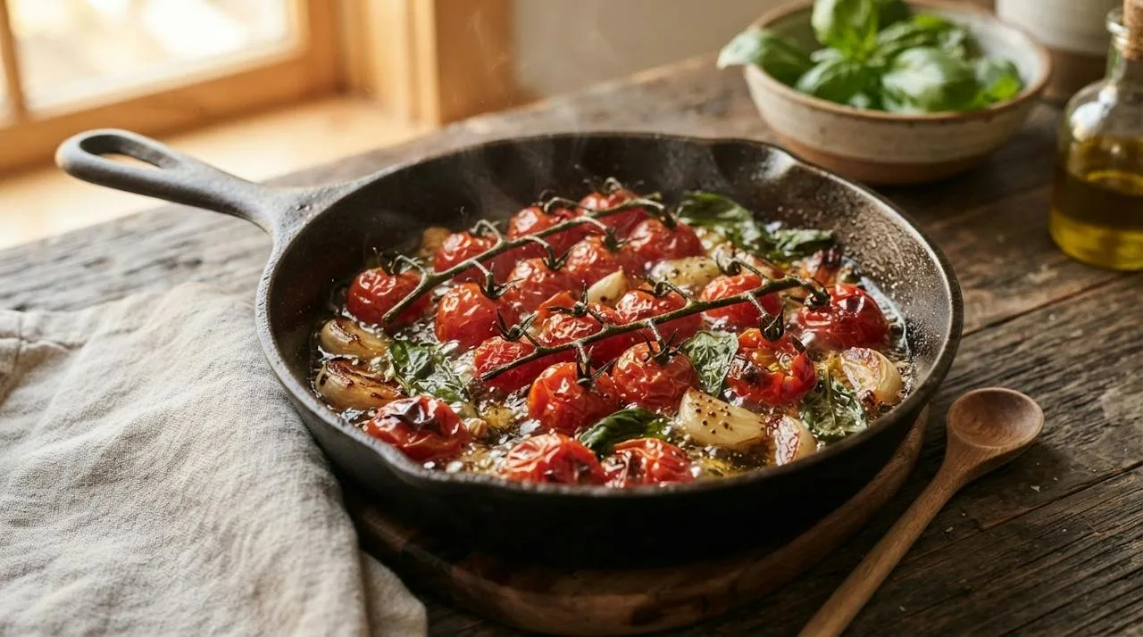 Cherry tomatoes on the vine roasted until blistered and bursting with garlic and basil in a small cast iron pan