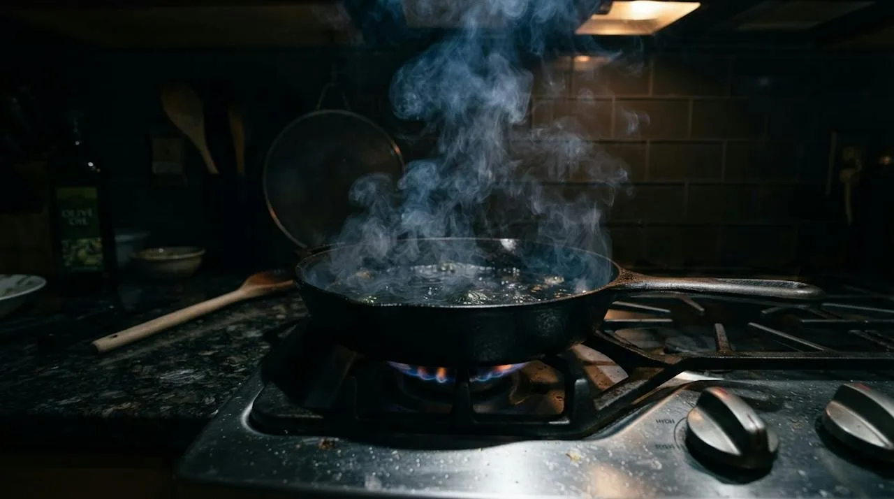 A skillet of olive oil overheating with wisps of smoke rising from the pan