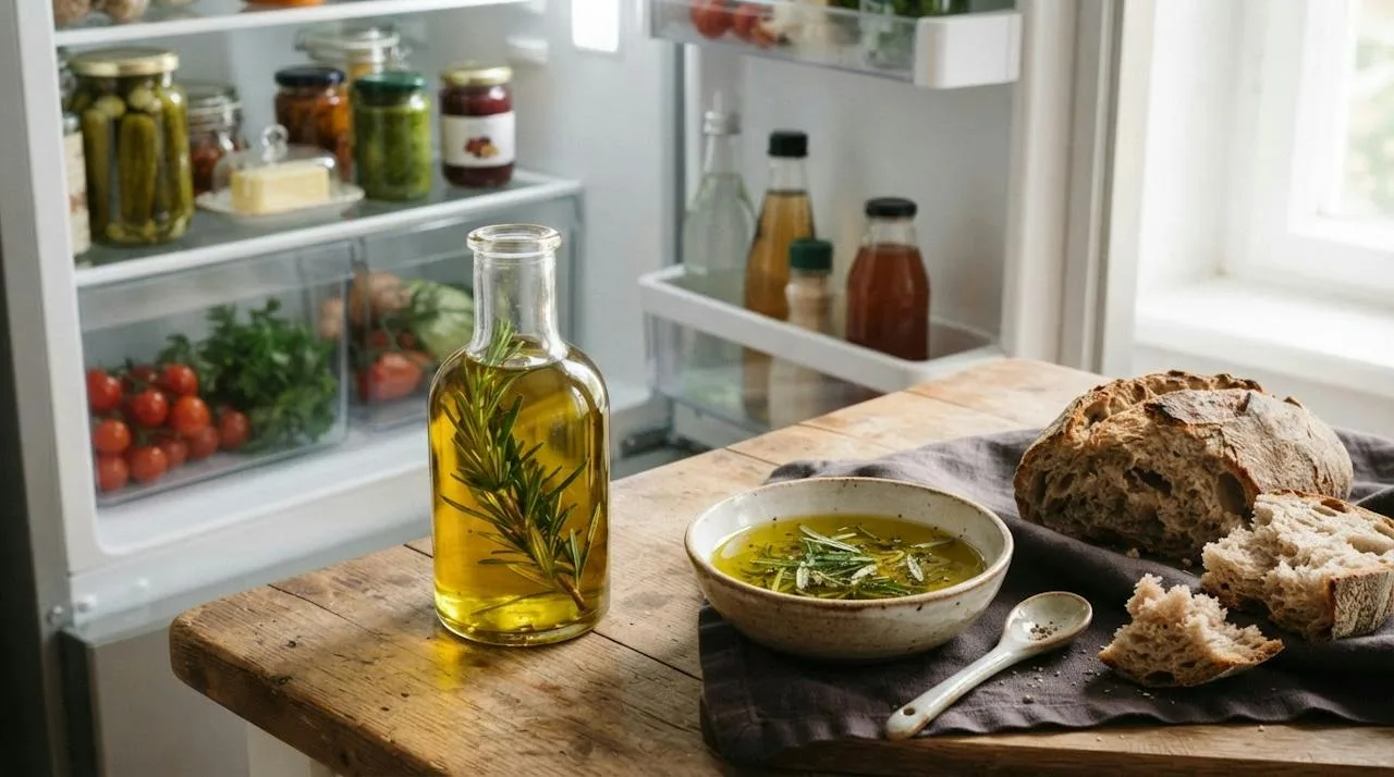 A small glass bottle of olive oil with a rosemary sprig inside next to an open refrigerator shelf
