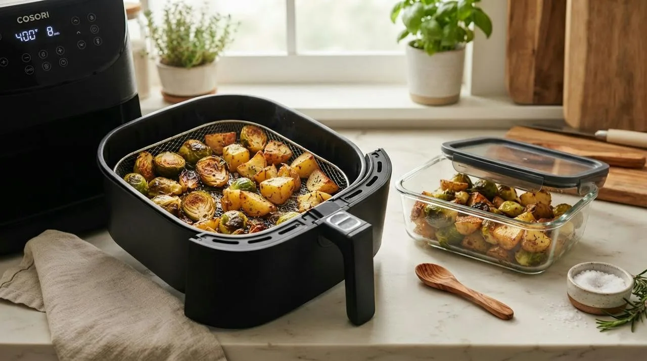Roasted potatoes and Brussels sprouts reheating in an air fryer basket with a container of leftover vegetables beside it