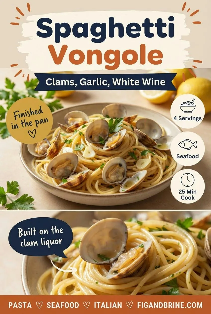 Pinterest pin for spaghetti alle vongole with glossy spaghetti and open clams