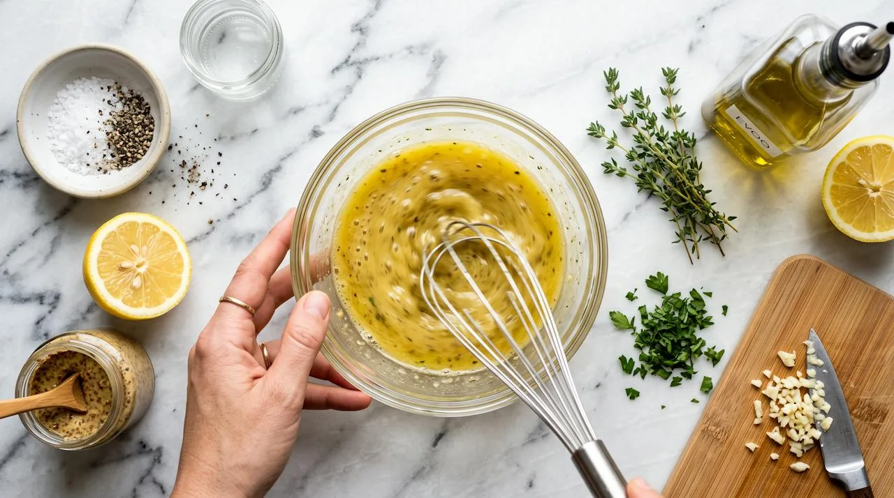 Whisking olive oil and lemon juice vinaigrette with Dijon mustard, garlic, lemon halves and herbs in a glass bowl