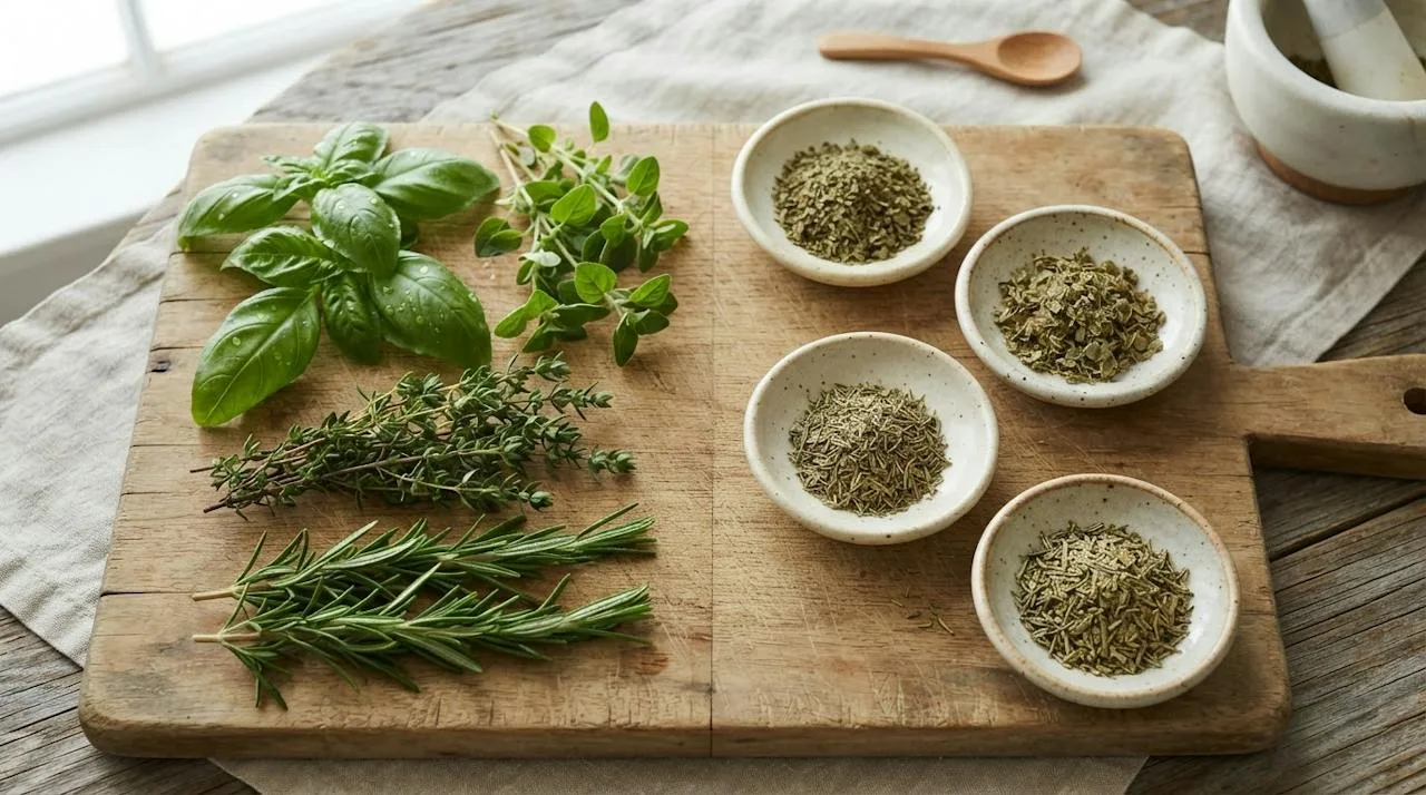 Side-by-side comparison of fresh oregano, thyme, rosemary and basil next to the same herbs dried and crumbled in small ceramic dishes