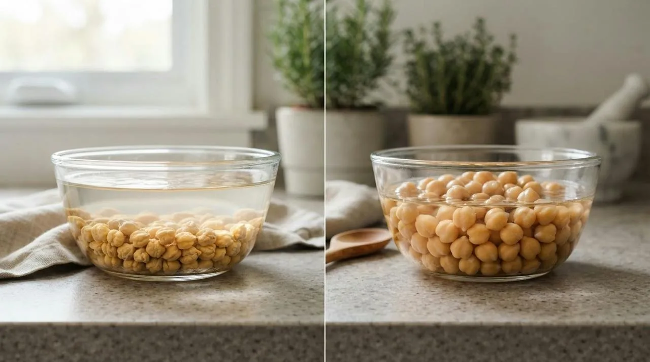 Two glass bowls comparing dry chickpeas just covered with water and plump chickpeas after soaking overnight, doubled in size