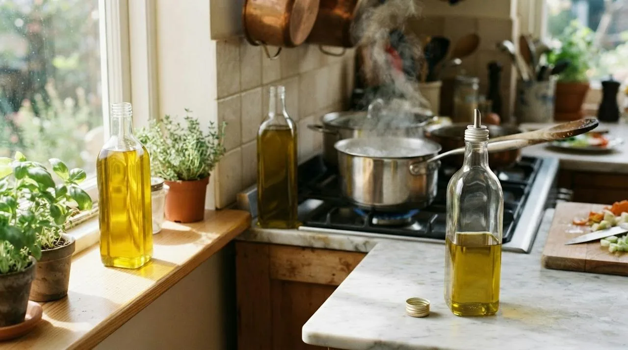 Three bottles of olive oil showing the three enemies: one on a sunny windowsill, one beside a hot stove, and one with its cap left open