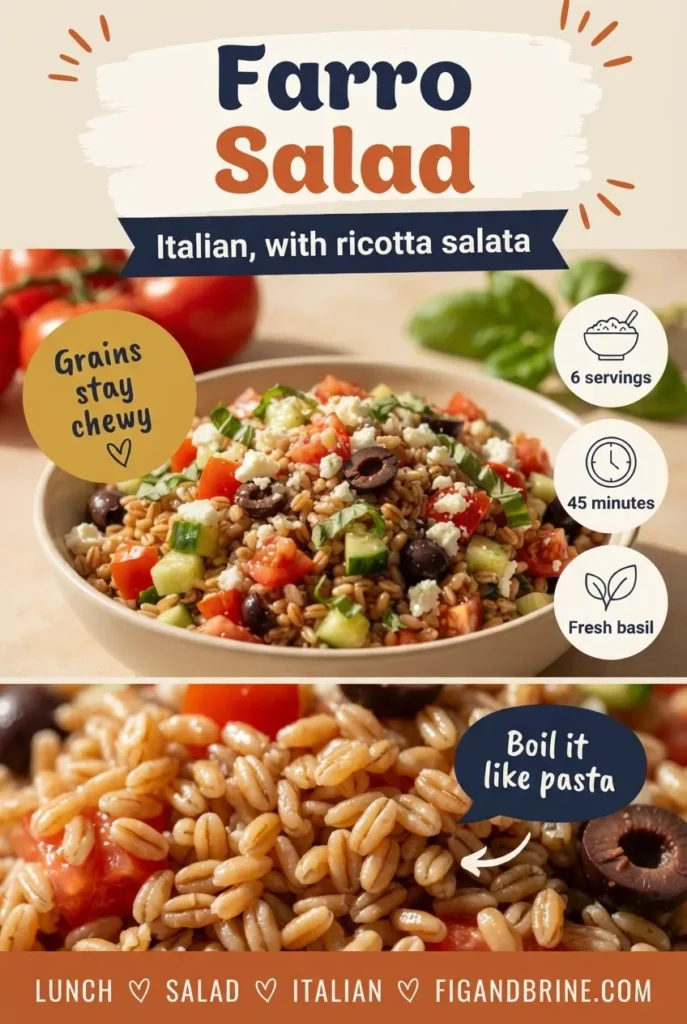 Pinterest pin for Italian farro salad with tomatoes, olives, basil and ricotta salata