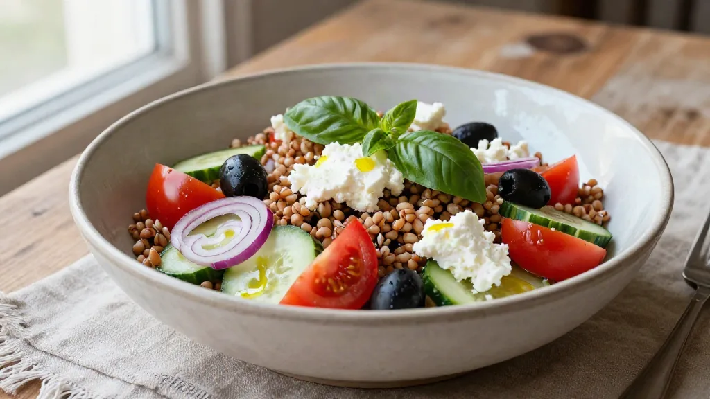 Italian farro salad with tomatoes, cucumber, red onion, olives, basil and crumbled cheese in a wide bowl
