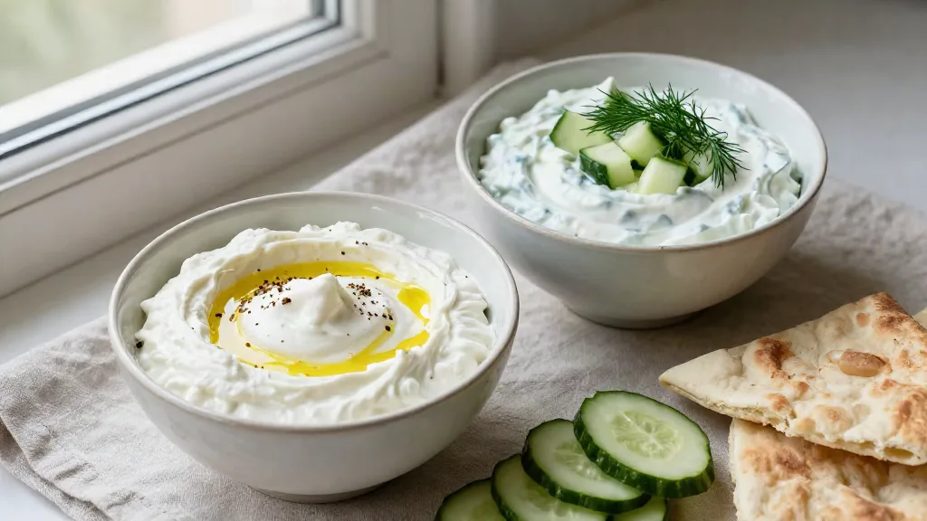 Labneh with olive oil and tzatziki topped with cucumber and dill, beside pita and cucumber slices