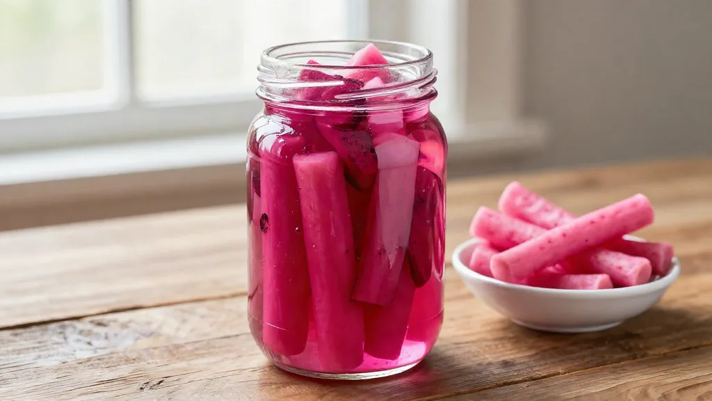A jar of bright pink pickled turnip batons with beet slices, next to a small bowl of pickled turnips
