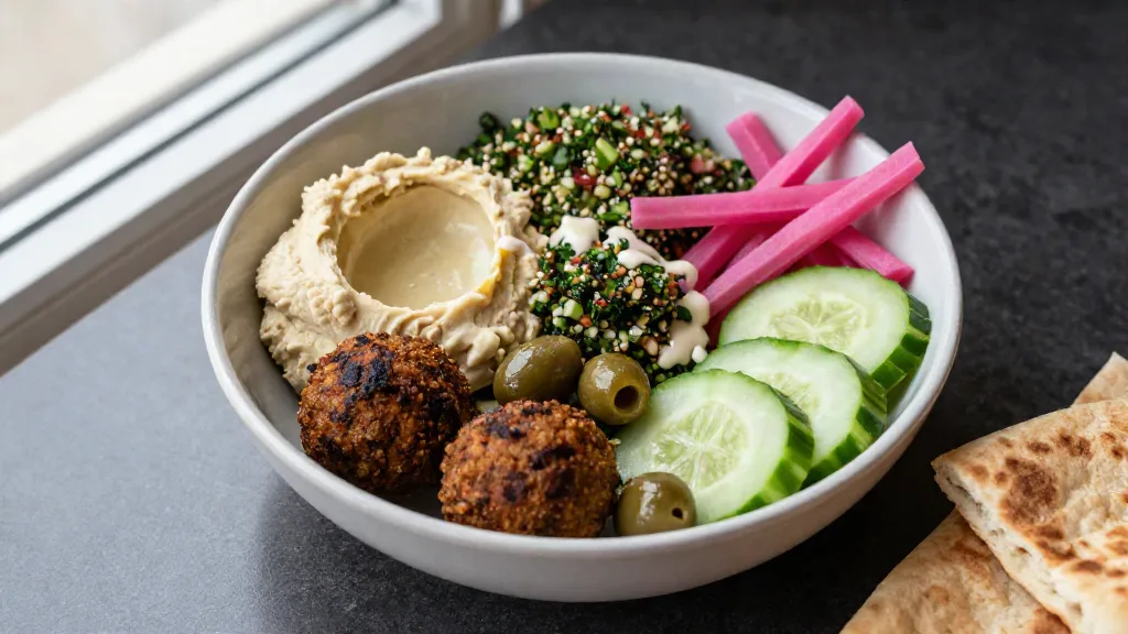 Mezze lunch bowl with hummus, tabbouleh, falafel, olives, cucumber and pink pickled turnips