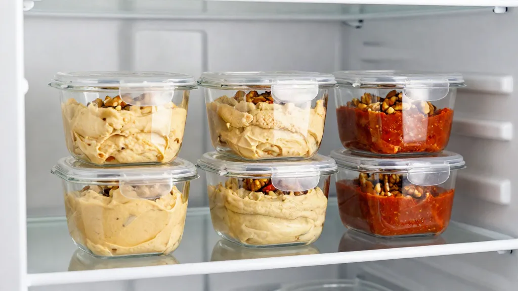 Make-ahead hummus and red pepper dip in glass containers stacked on a refrigerator shelf