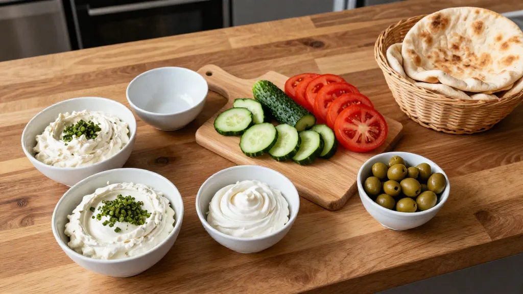 Mezze prep on a counter with creamy dips, sliced cucumber and tomato, olives and a basket of pita