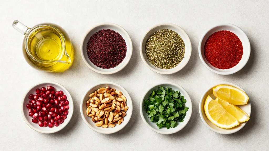 Small dishes of olive oil, sumac, za'atar, paprika, pomegranate seeds, pine nuts, parsley and lemon