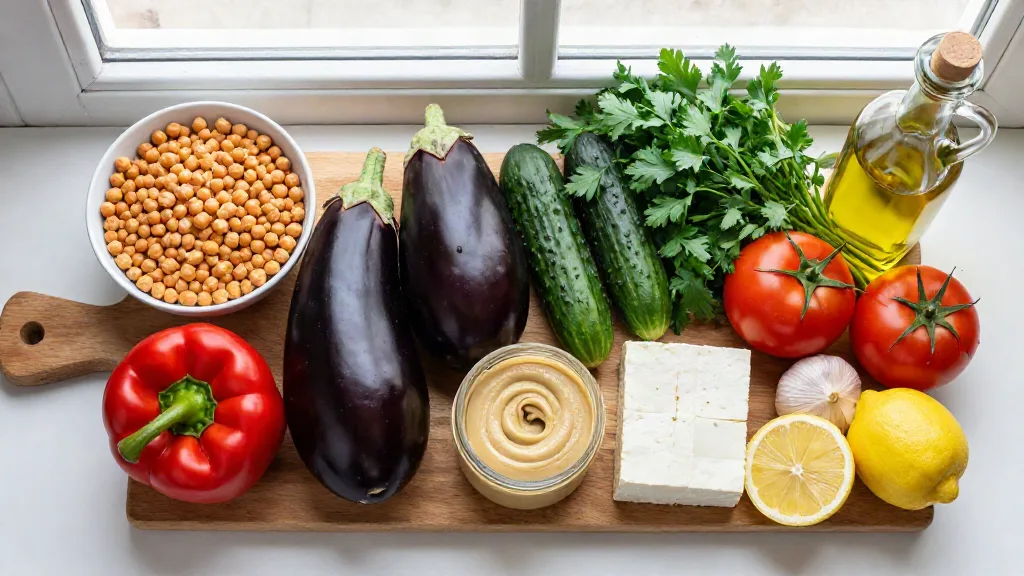 Chickpeas, eggplants, red pepper, cucumbers, parsley, tomatoes, tahini, feta, lemons and olive oil