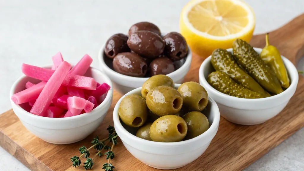 Pink pickled turnips, green and dark olives, gherkins and peppers in small bowls with half a lemon