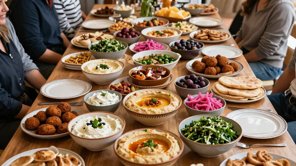 Large mezze party spread with many dips, salads, falafel and pita on a long dining table