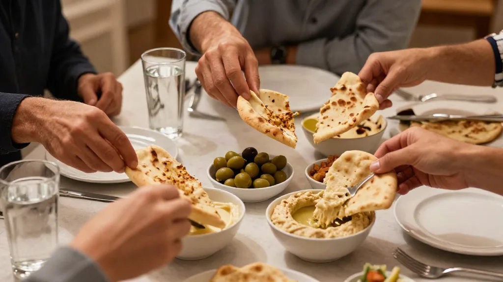 Hands tearing pita and scooping hummus from shared bowls, with olives and water glasses on the table